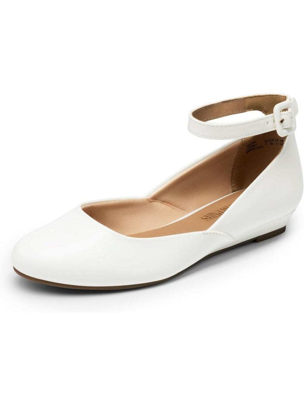 Women's White PU Ankle Strap Ballet Flat Low Wedge Round Toe Comfortable Shoes